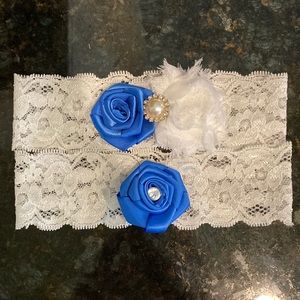 NEW Handmade Wedding Garter Set includes toss blue and white pearl rhinestone